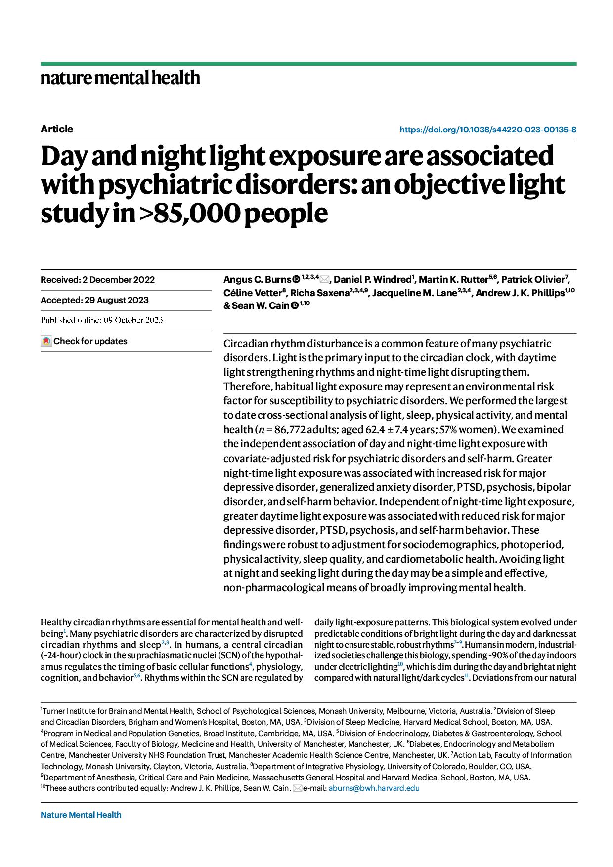 Day and night light exposure are associated with psychiatric disorders: an objective light study in >85,000 people